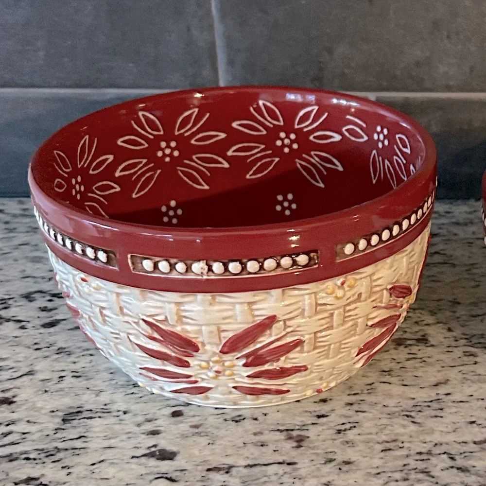 Temptations Old World Cranberry Basket Weave Bake Cook Serve Bowls 1 Q & 1.5 Q